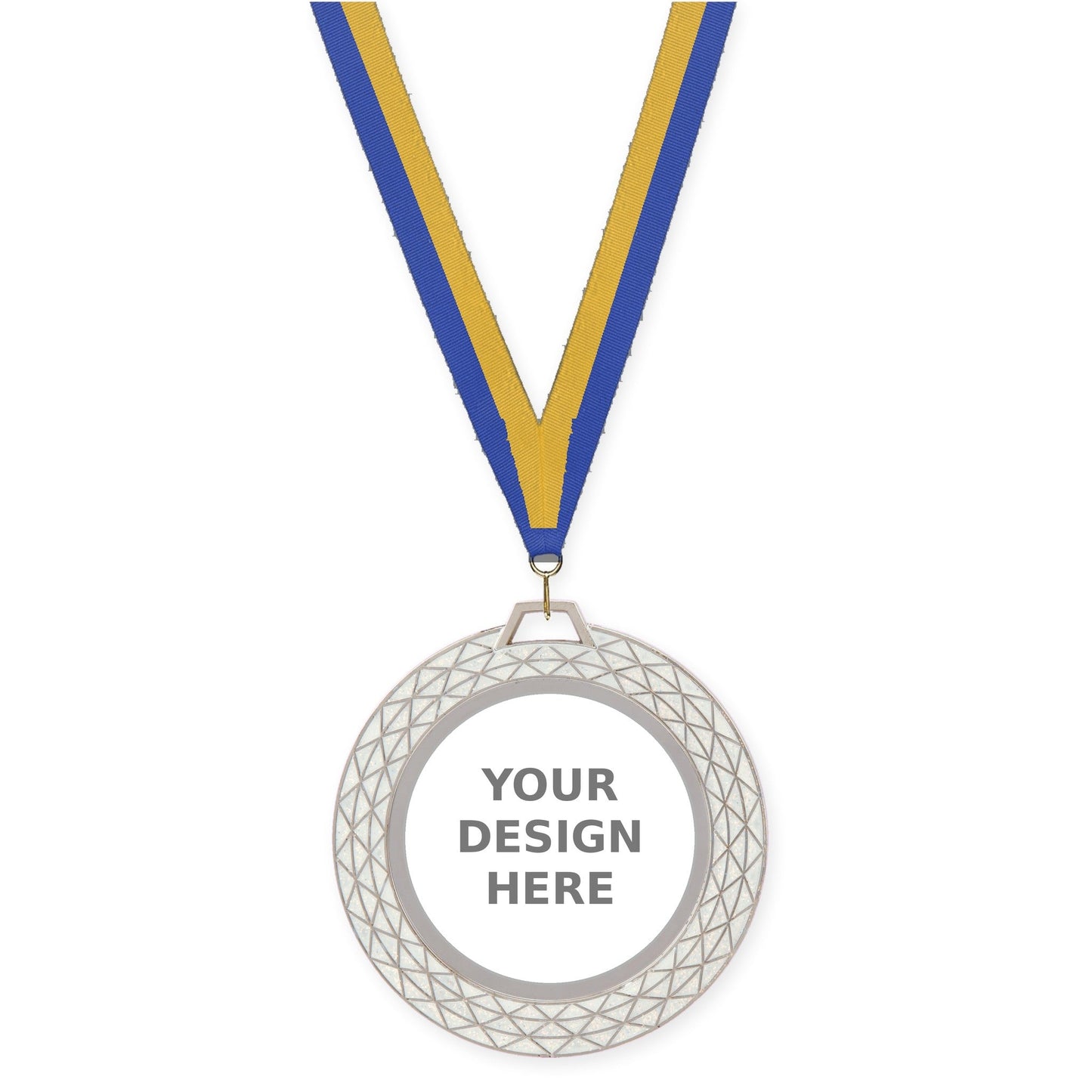 2 3/4 inch Bling insert medal in white with Blue Gold neck ribbon
