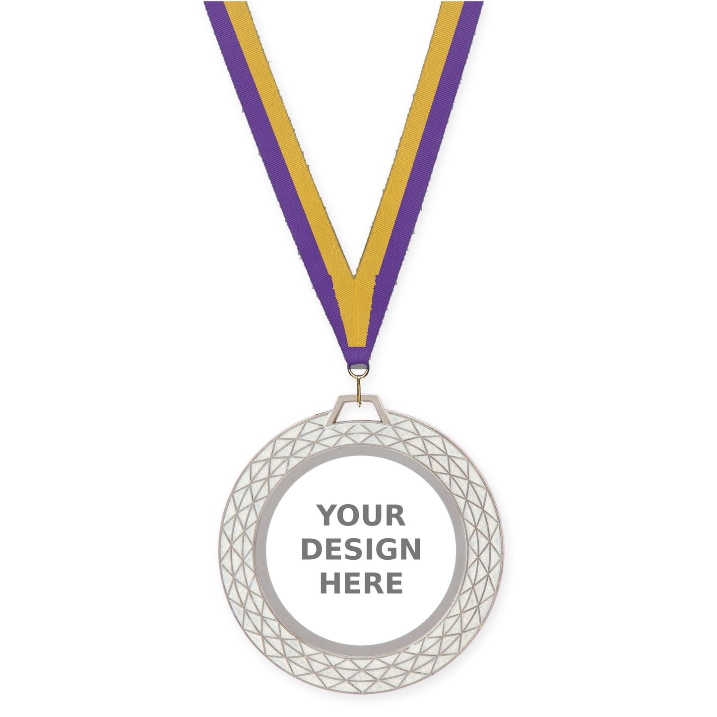 2 3/4 inch Bling insert medal in white with Purple Gold neck ribbon