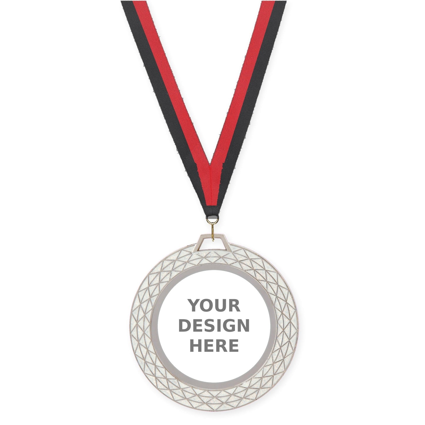 2 3/4 inch Bling insert medal in white with Black Red neck ribbon