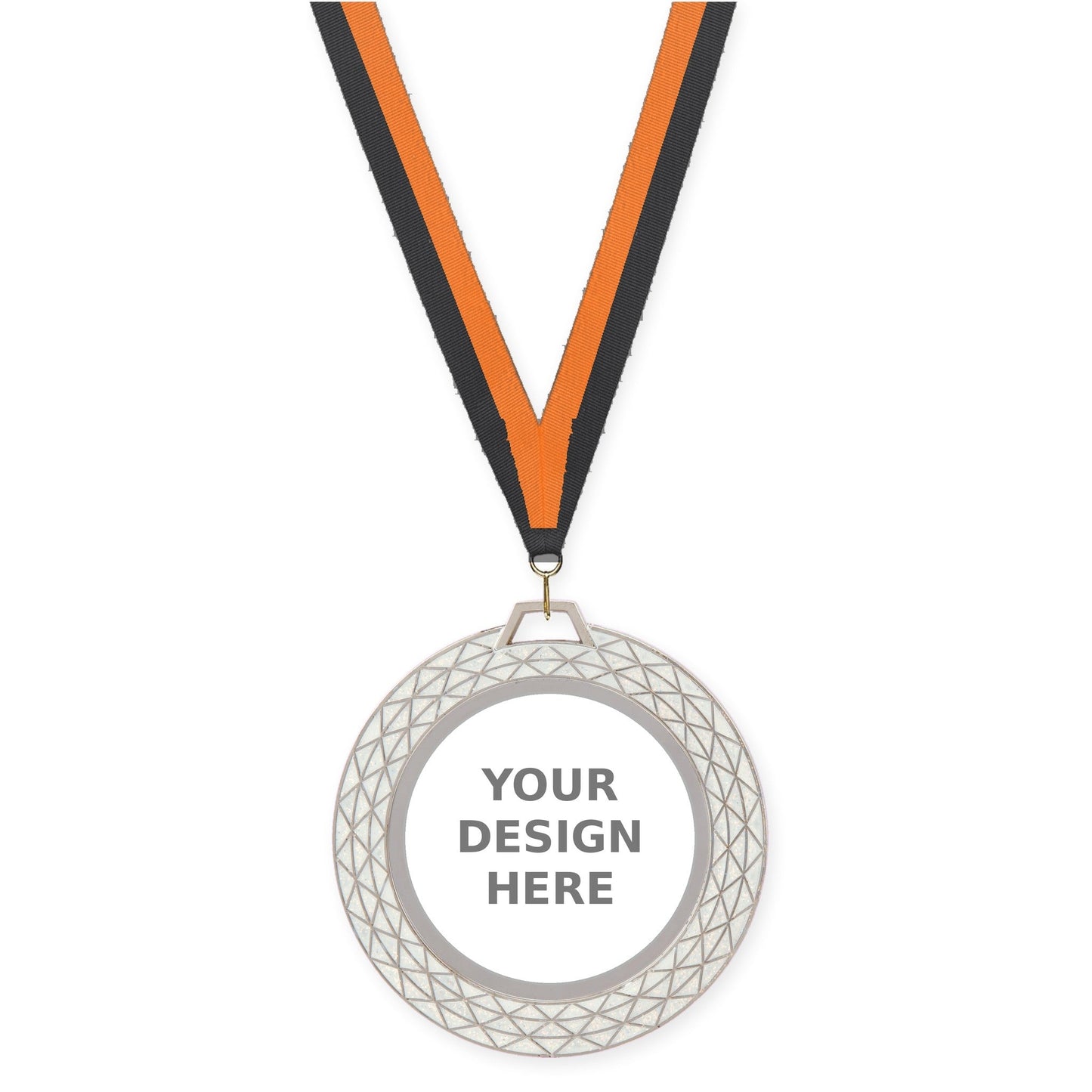 2 3/4 inch Bling insert medal in white with Black Orange neck ribbon