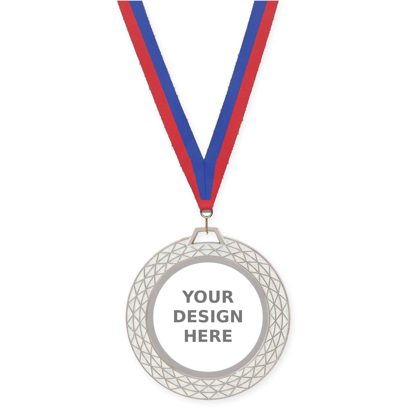 2 3/4 inch Bling insert medal in white with Blue Red neck ribbon