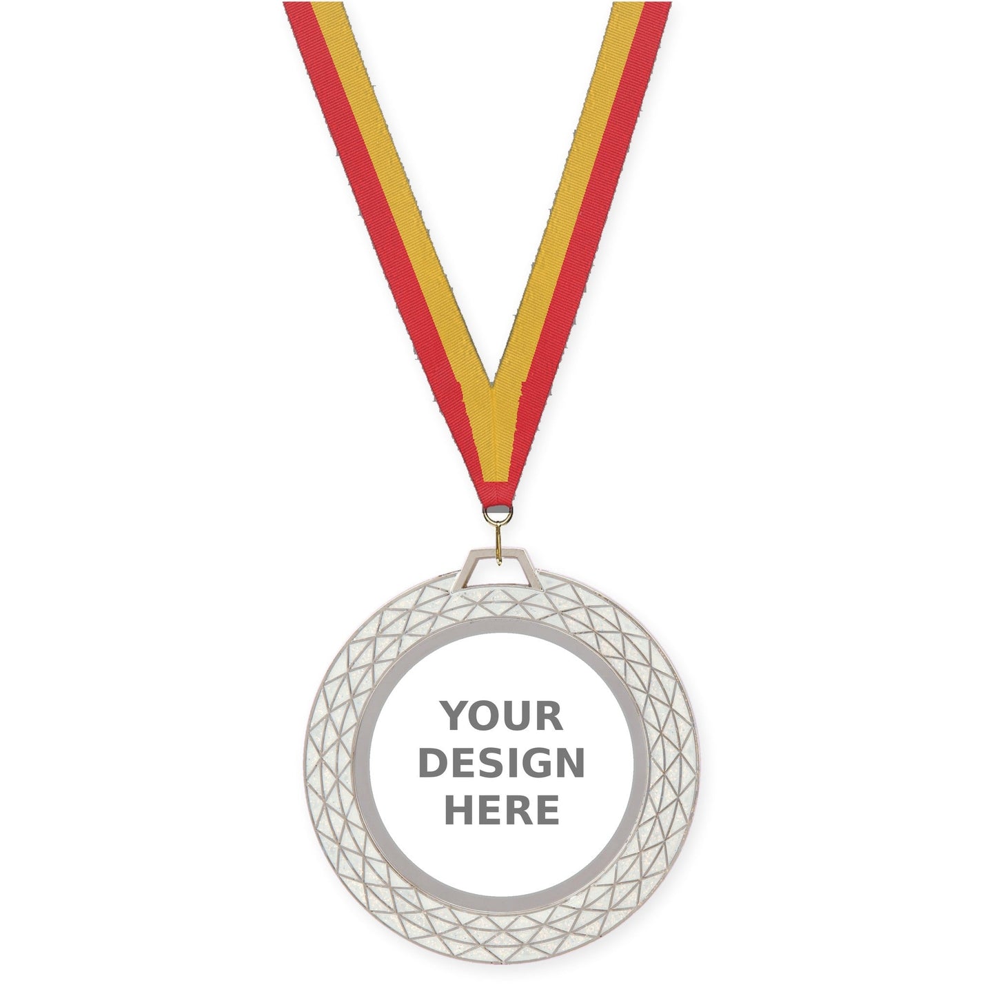 2 3/4 inch Bling insert medal in white with Red Gold neck ribbon