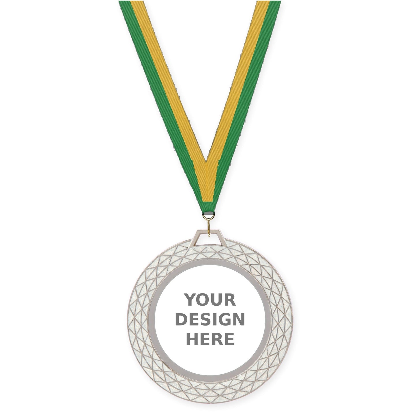 2 3/4 inch Bling insert medal in white with Green Gold neck ribbon