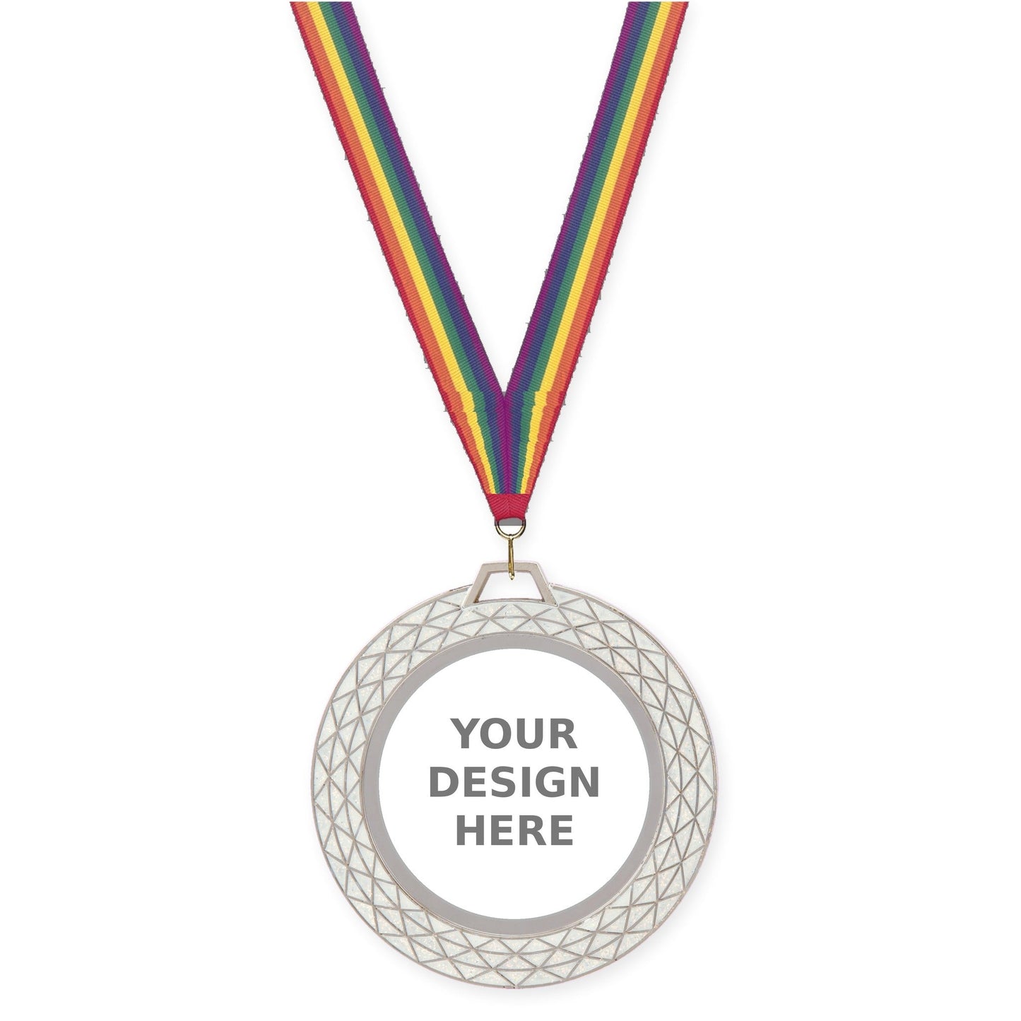 2 3/4 inch Bling insert medal in white with Rainbow neck ribbon