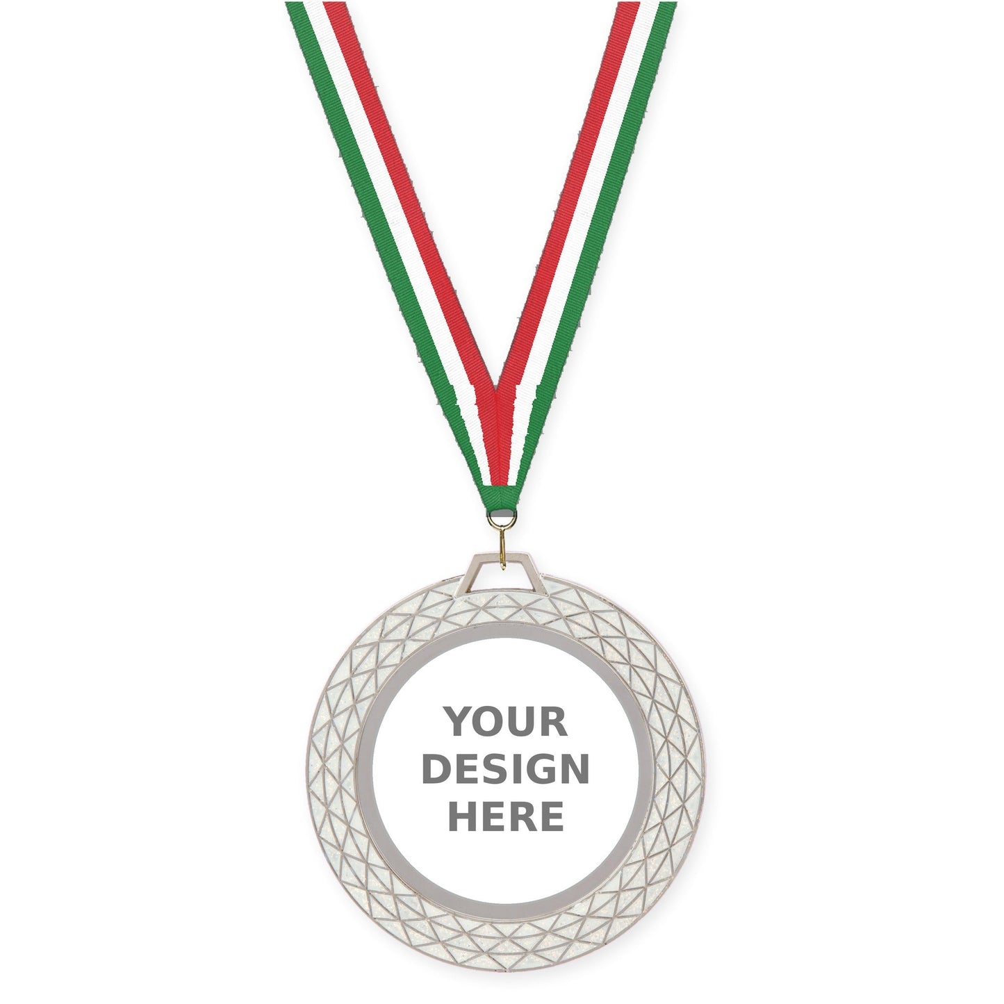 2 3/4 inch Bling insert medal in white with Green White Red neck ribbon