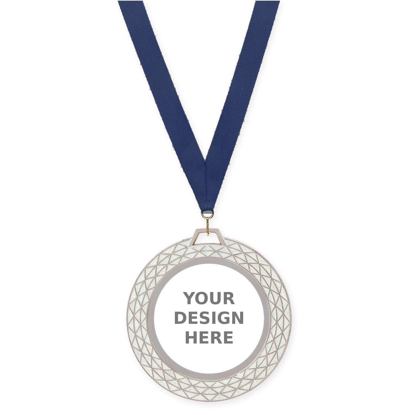 2 3/4 inch Bling insert medal in white with Navy neck ribbon