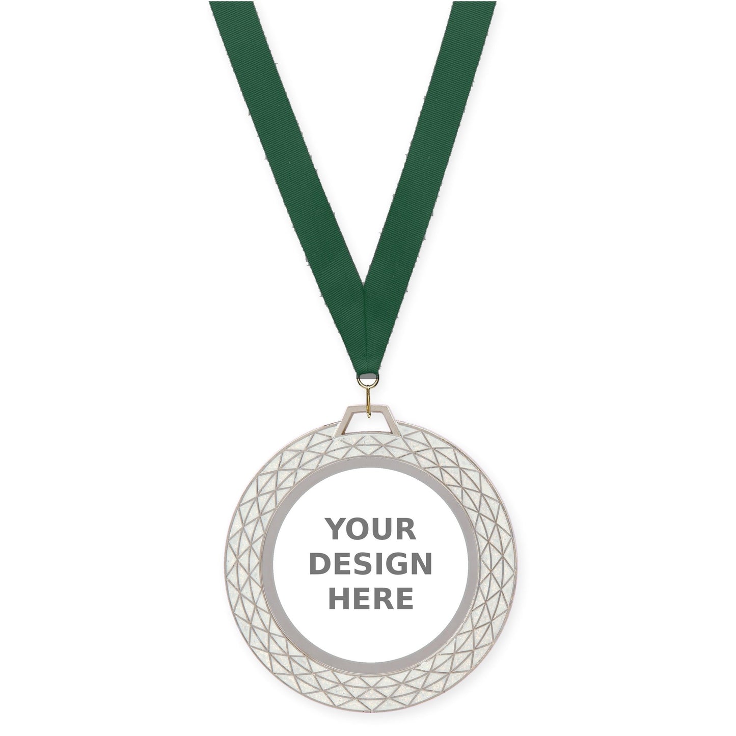 2 3/4 inch Bling insert medal in white with Hunter Green neck ribbon