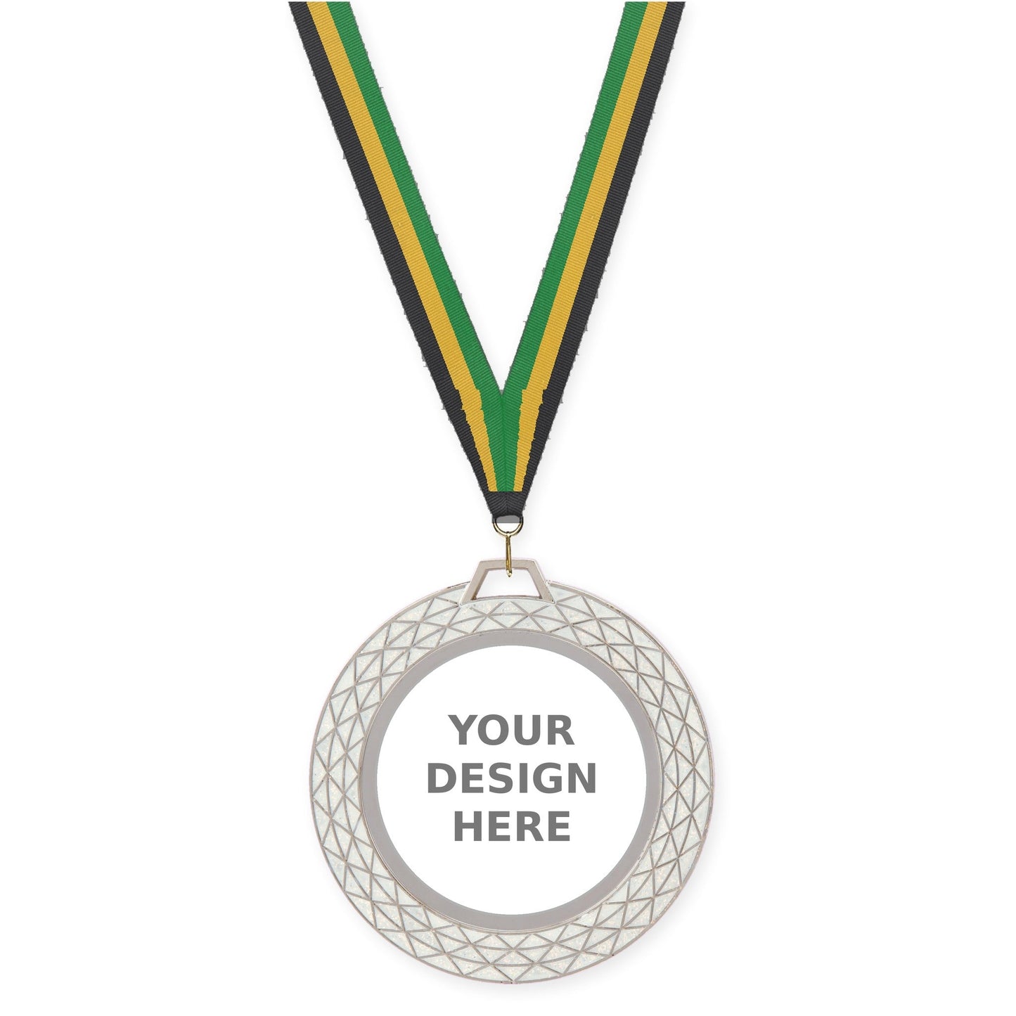 2 3/4 inch Bling insert medal in white with Black Gold Green neck ribbon