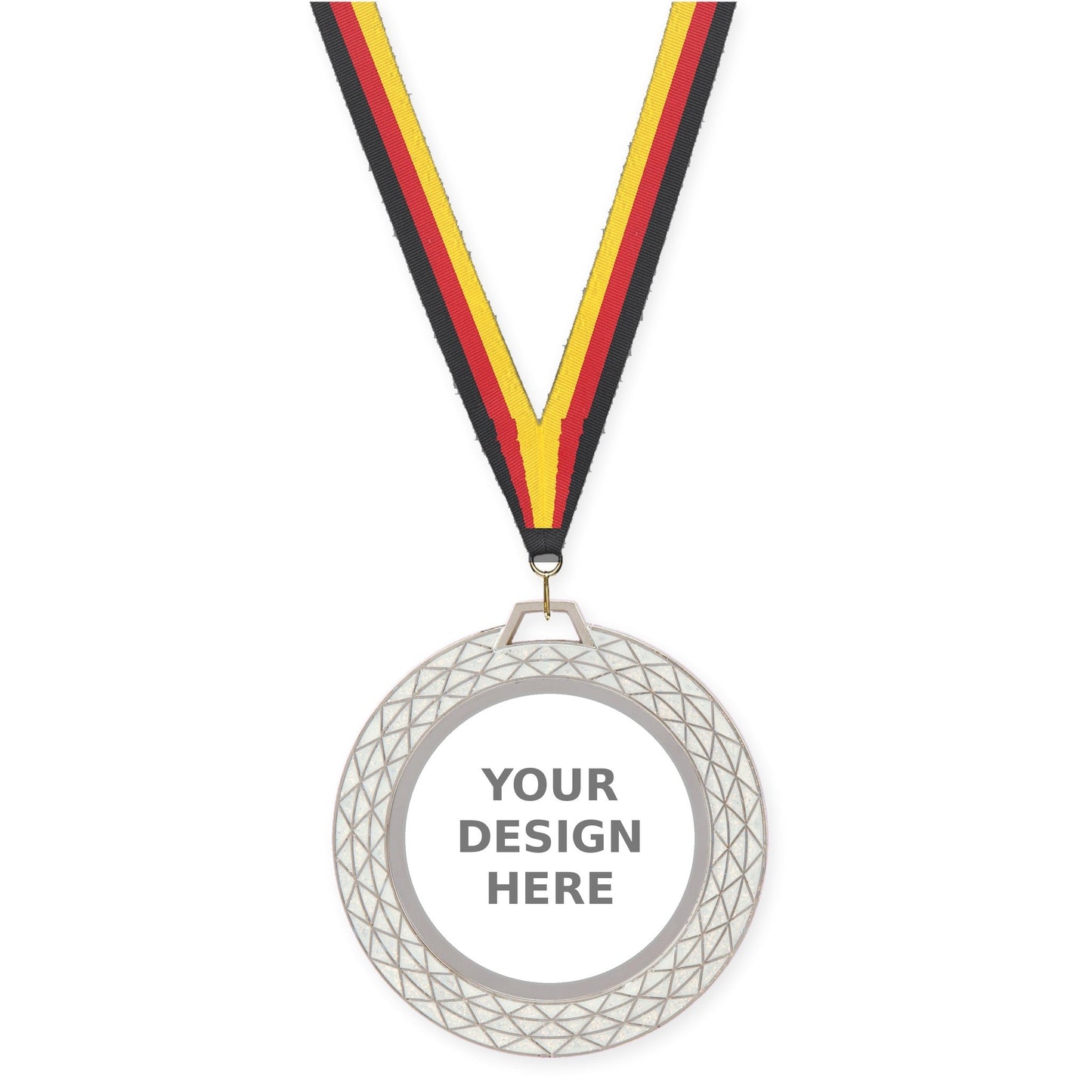 2 3/4 inch Bling insert medal in white with Black Red Yellow neck ribbon