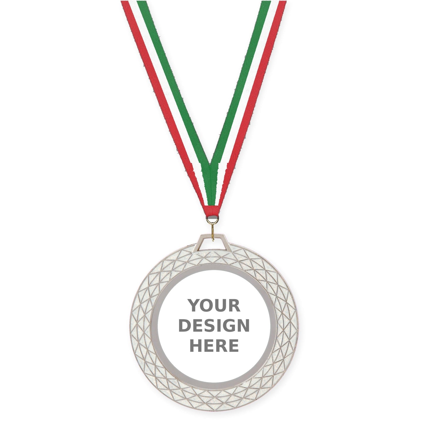 2 3/4 inch Bling insert medal in white with Red White Green neck ribbon