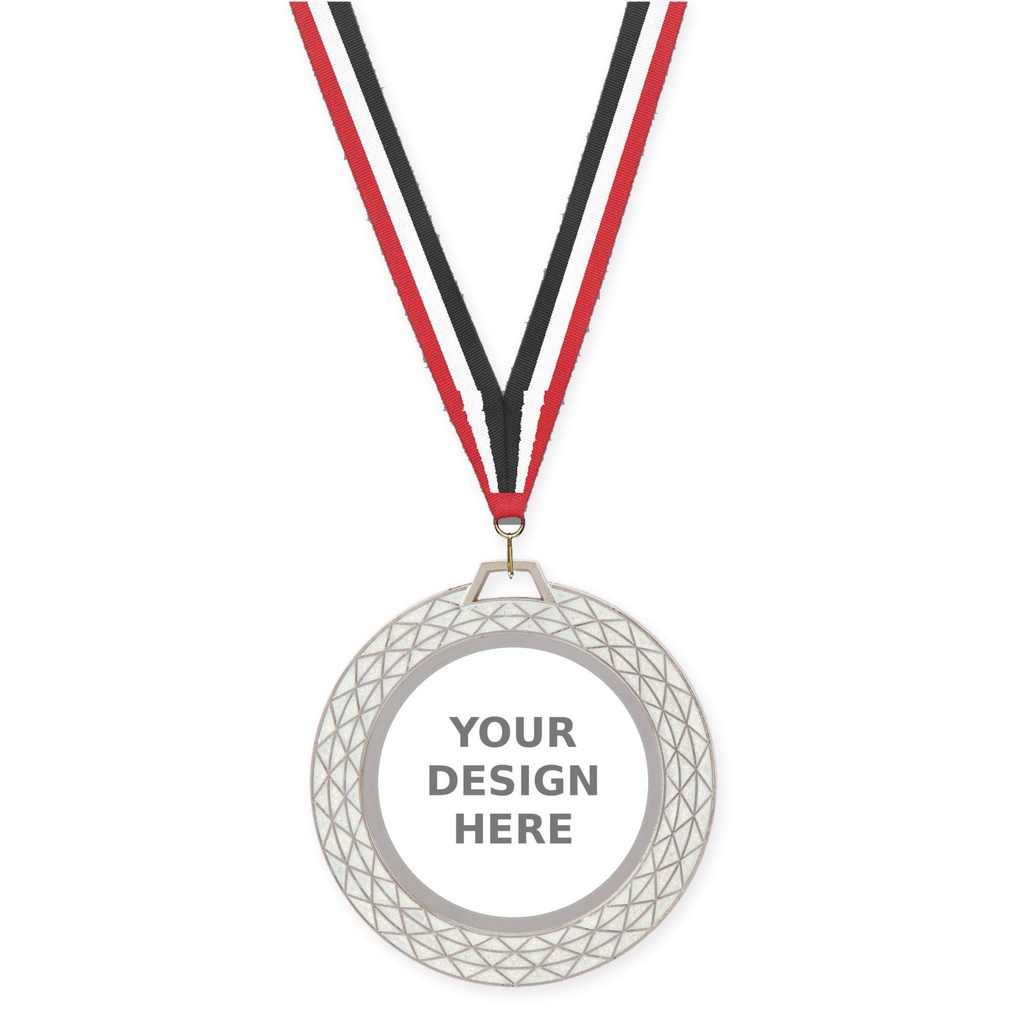 2 3/4 inch Bling insert medal in white with Red White Black neck ribbon