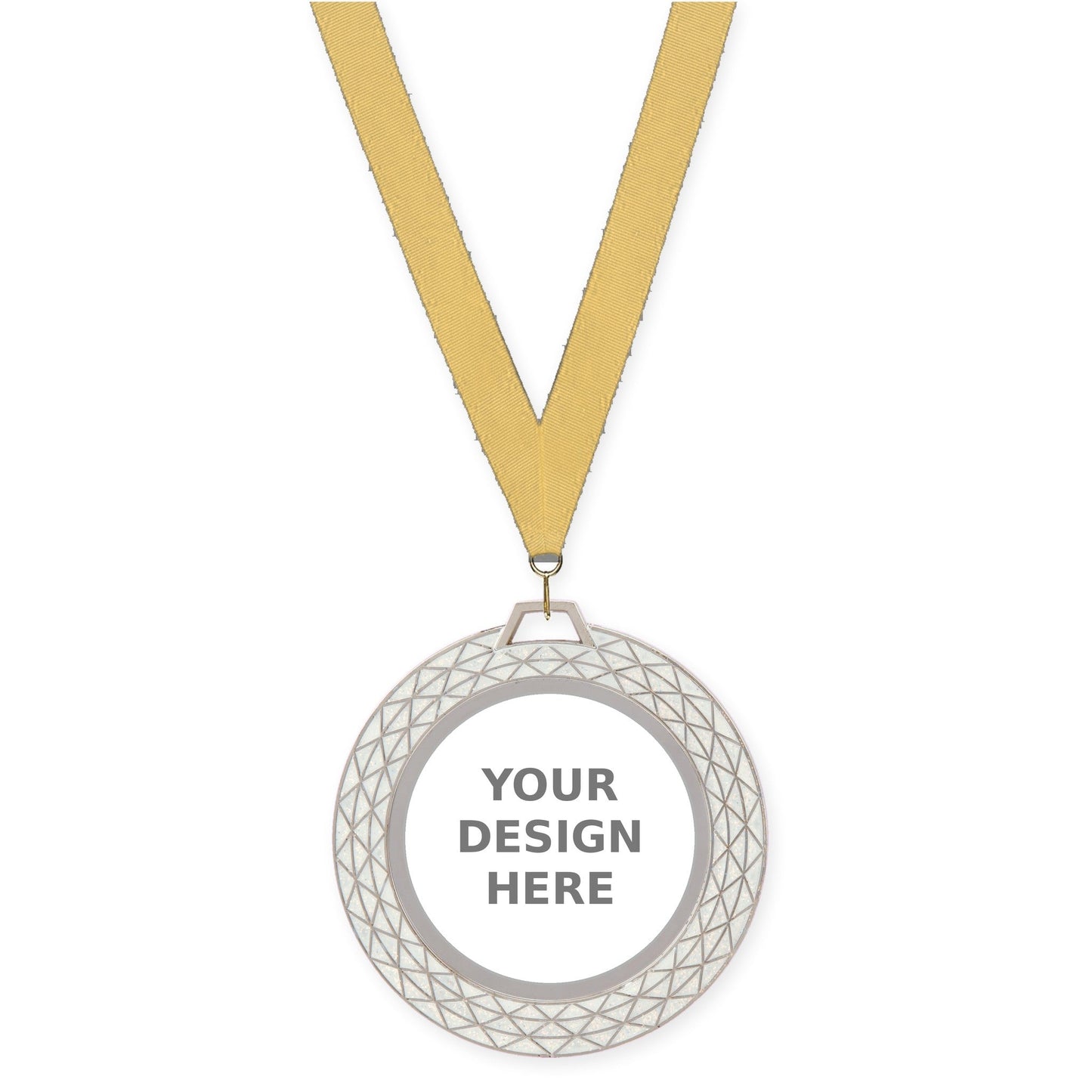 2 3/4 inch Bling insert medal in white with Gold Metallic neck ribbon