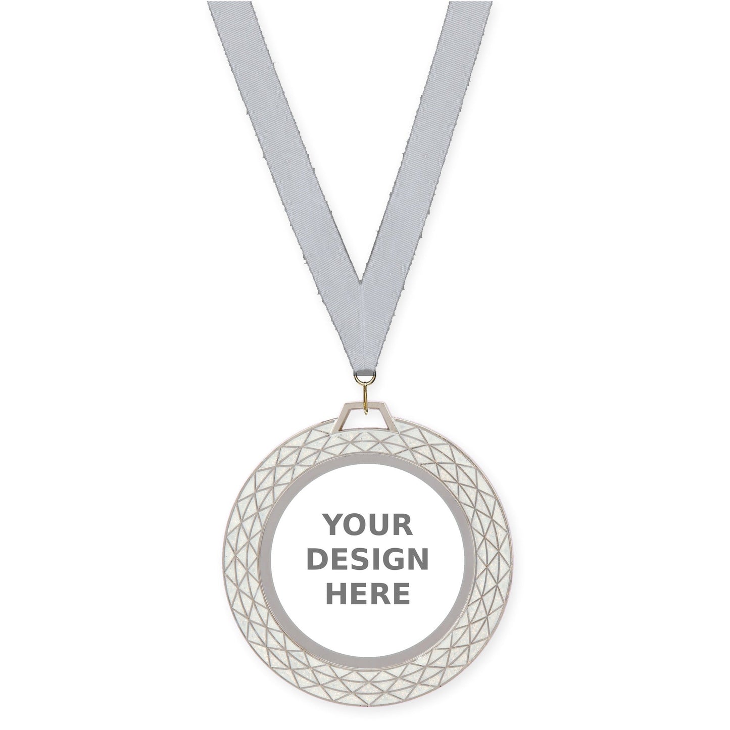 2 3/4 inch Bling insert medal in white with Silver Metallic neck ribbon