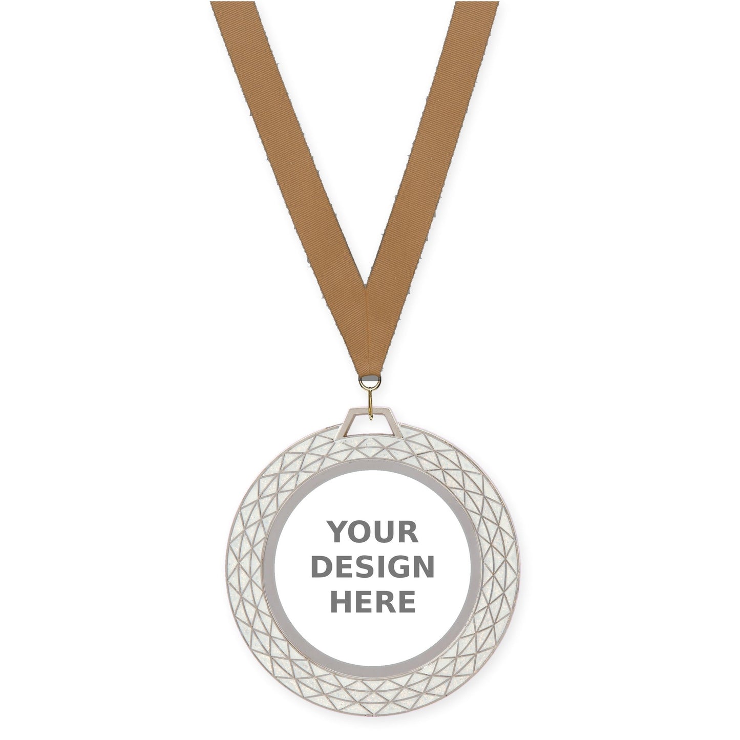 2 3/4 inch Bling insert medal in white with Bronze Metallic neck ribbon