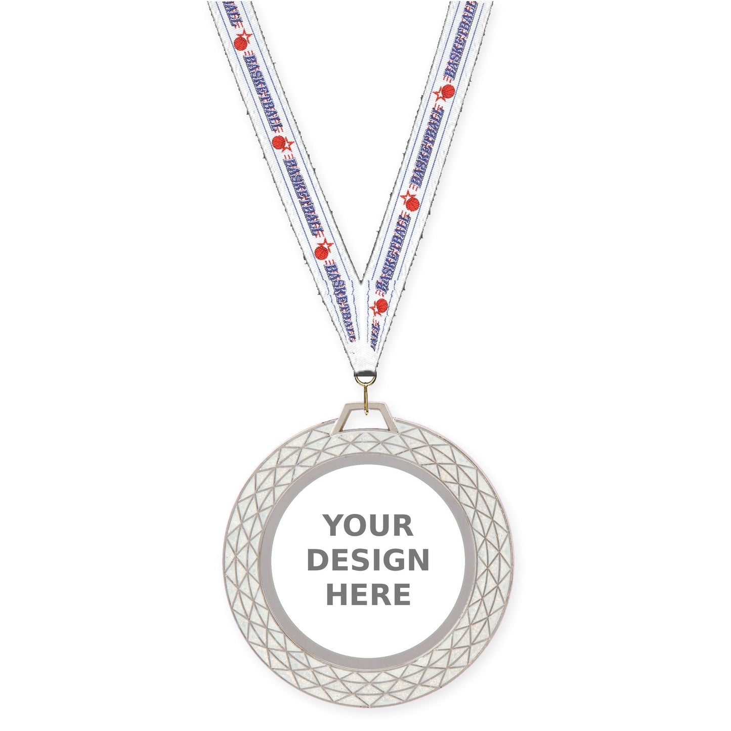 2 3/4 inch Bling insert medal in white with Basketball neck ribbon