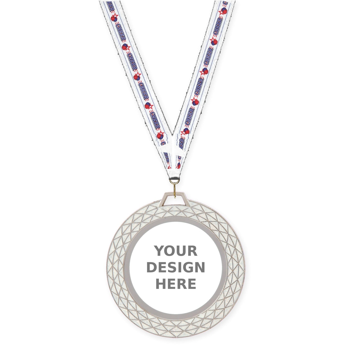 2 3/4 inch Bling insert medal in white with Cheerleading neck ribbon