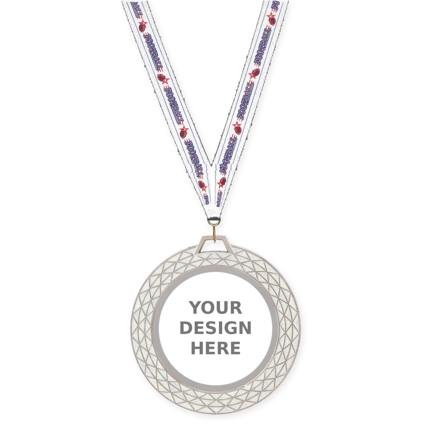 2 3/4 inch Bling insert medal in white with Football neck ribbon