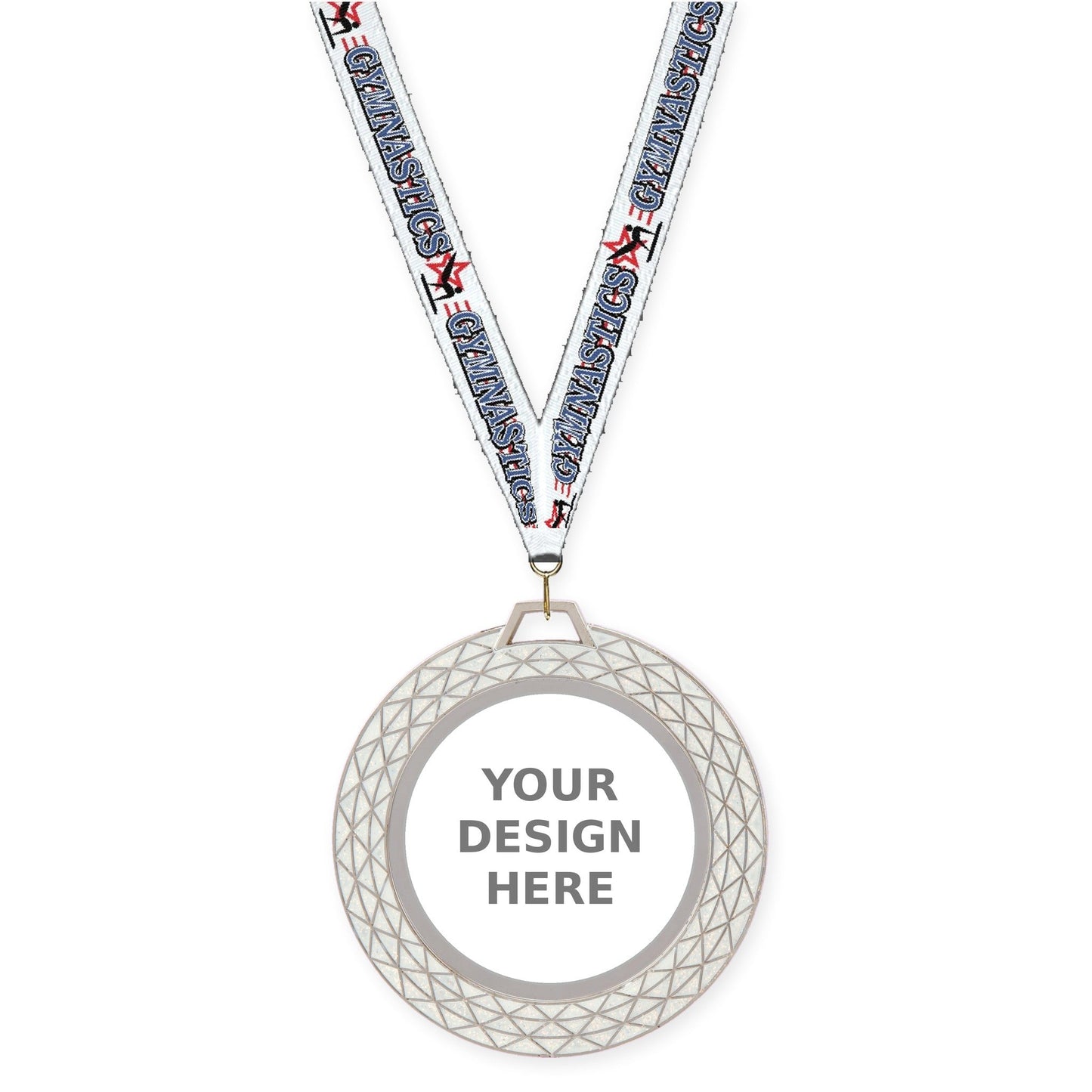 2 3/4 inch Bling insert medal in white with Gymnastics neck ribbon