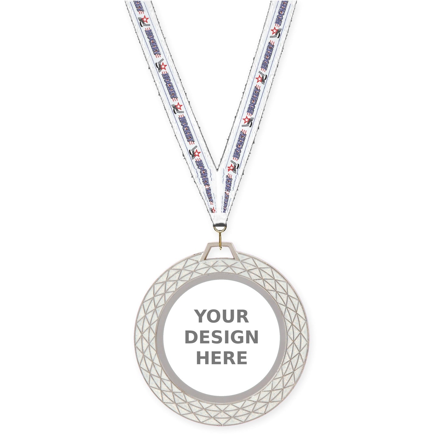 2 3/4 inch Bling insert medal in white with Hockey neck ribbon