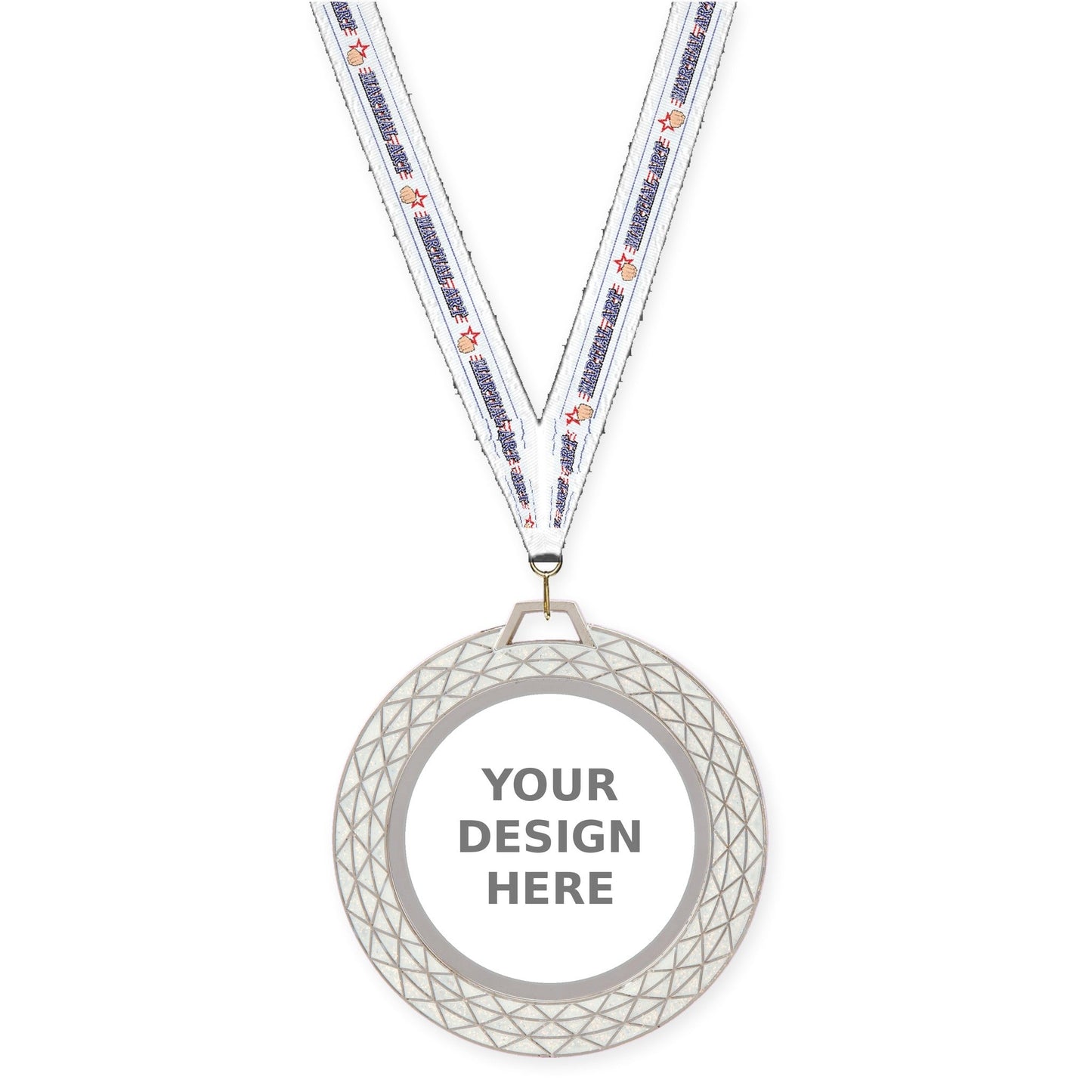 2 3/4 inch Bling insert medal in white with Martial Arts neck ribbon
