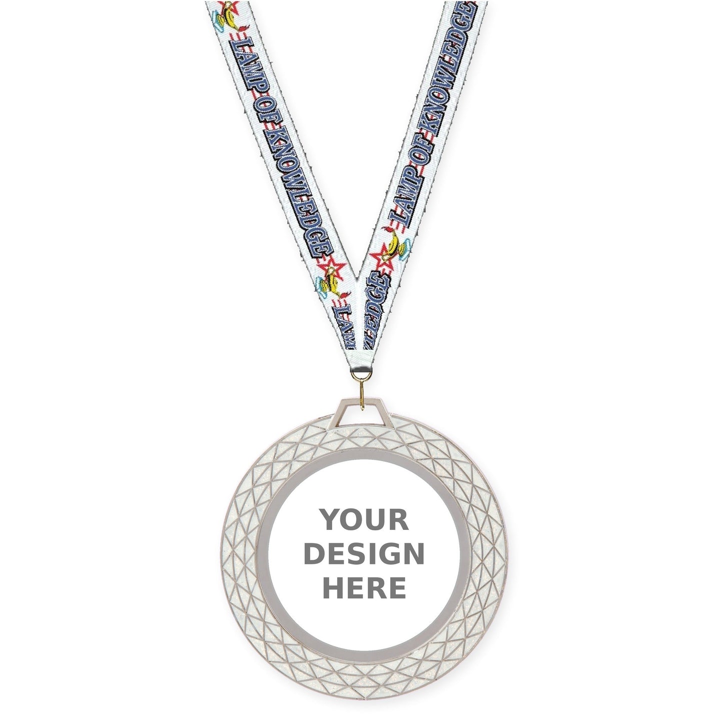 2 3/4 inch Bling insert medal in white with Lamp Of Knowledge neck ribbon