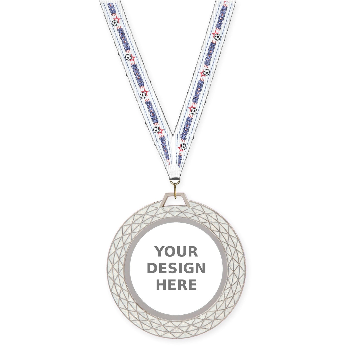 2 3/4 inch Bling insert medal in white with Soccer neck ribbon