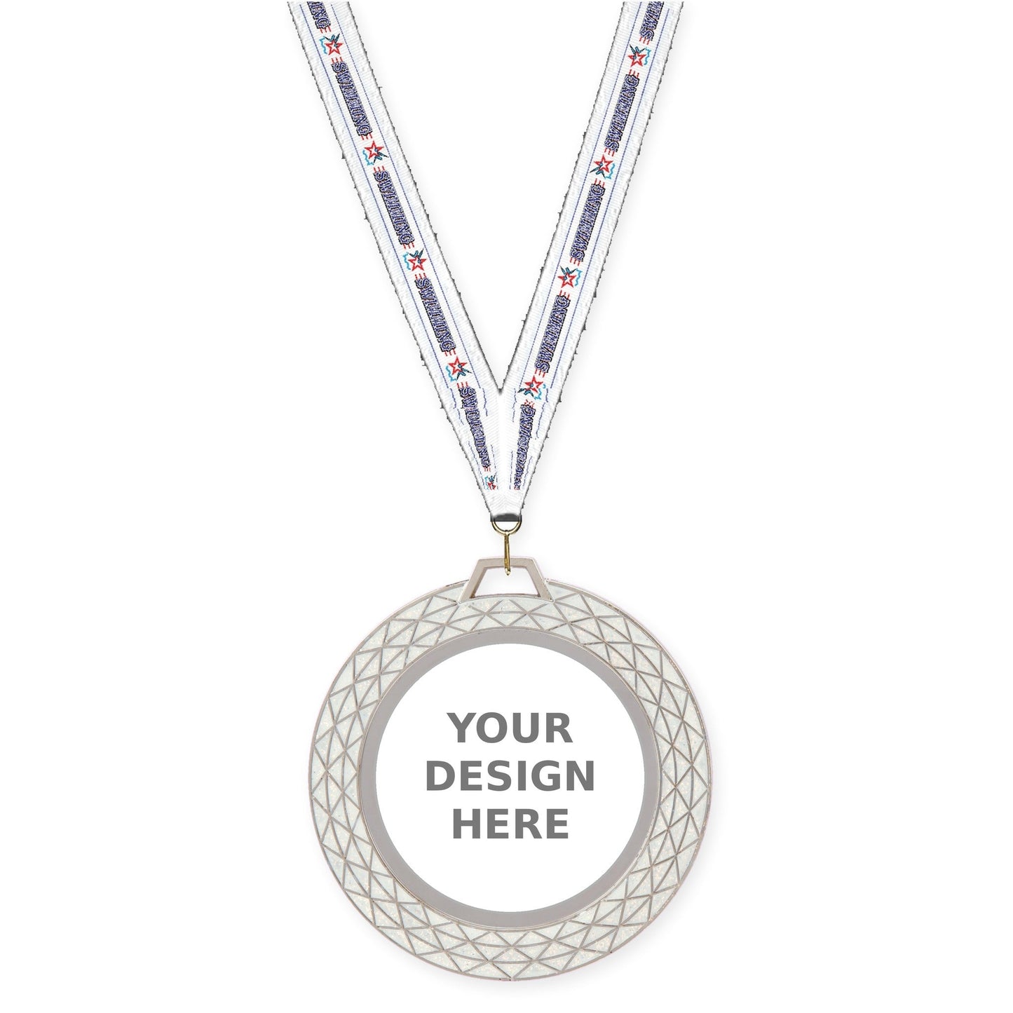 2 3/4 inch Bling insert medal in white with Swimming neck ribbon
