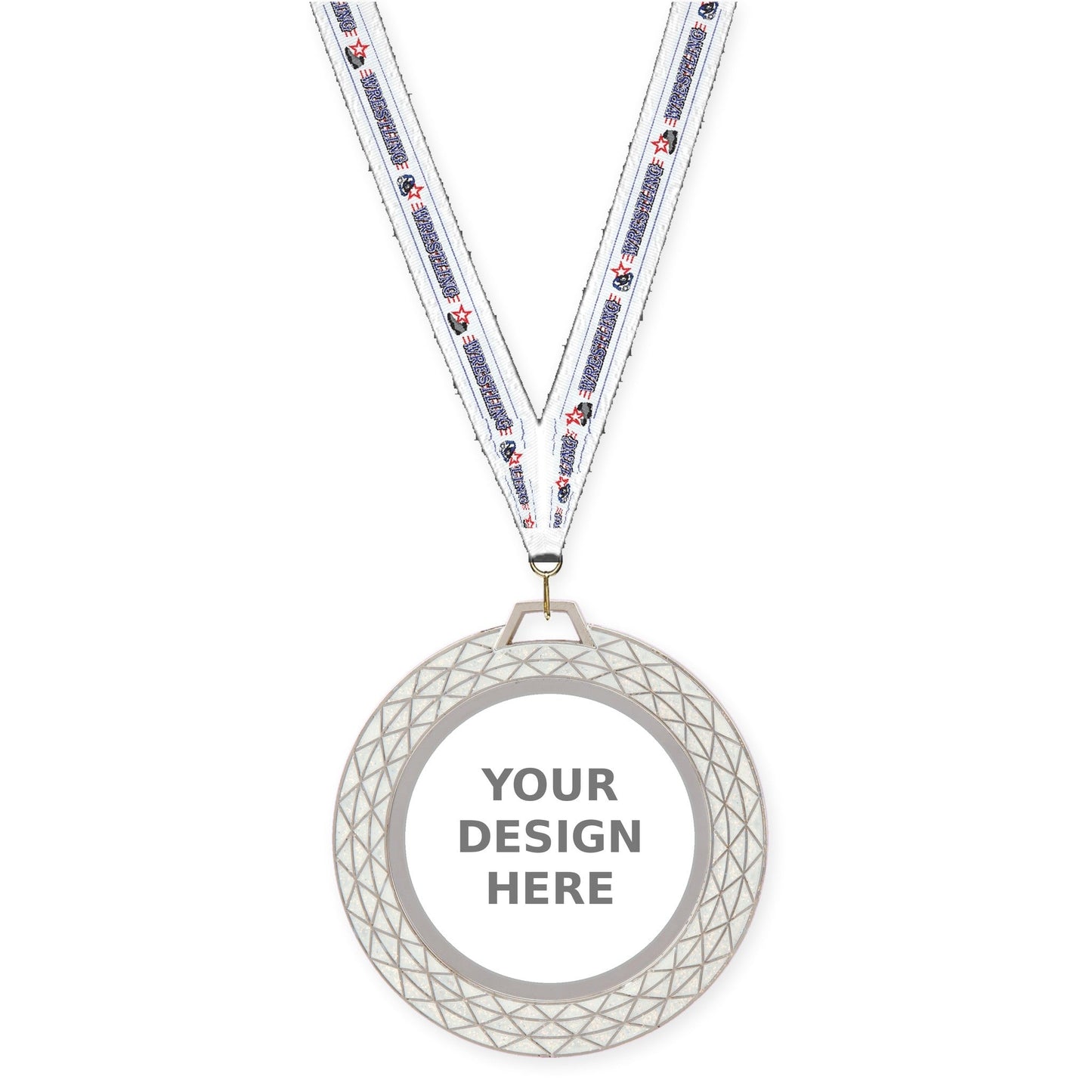 2 3/4 inch Bling insert medal in white with Wrestling neck ribbon