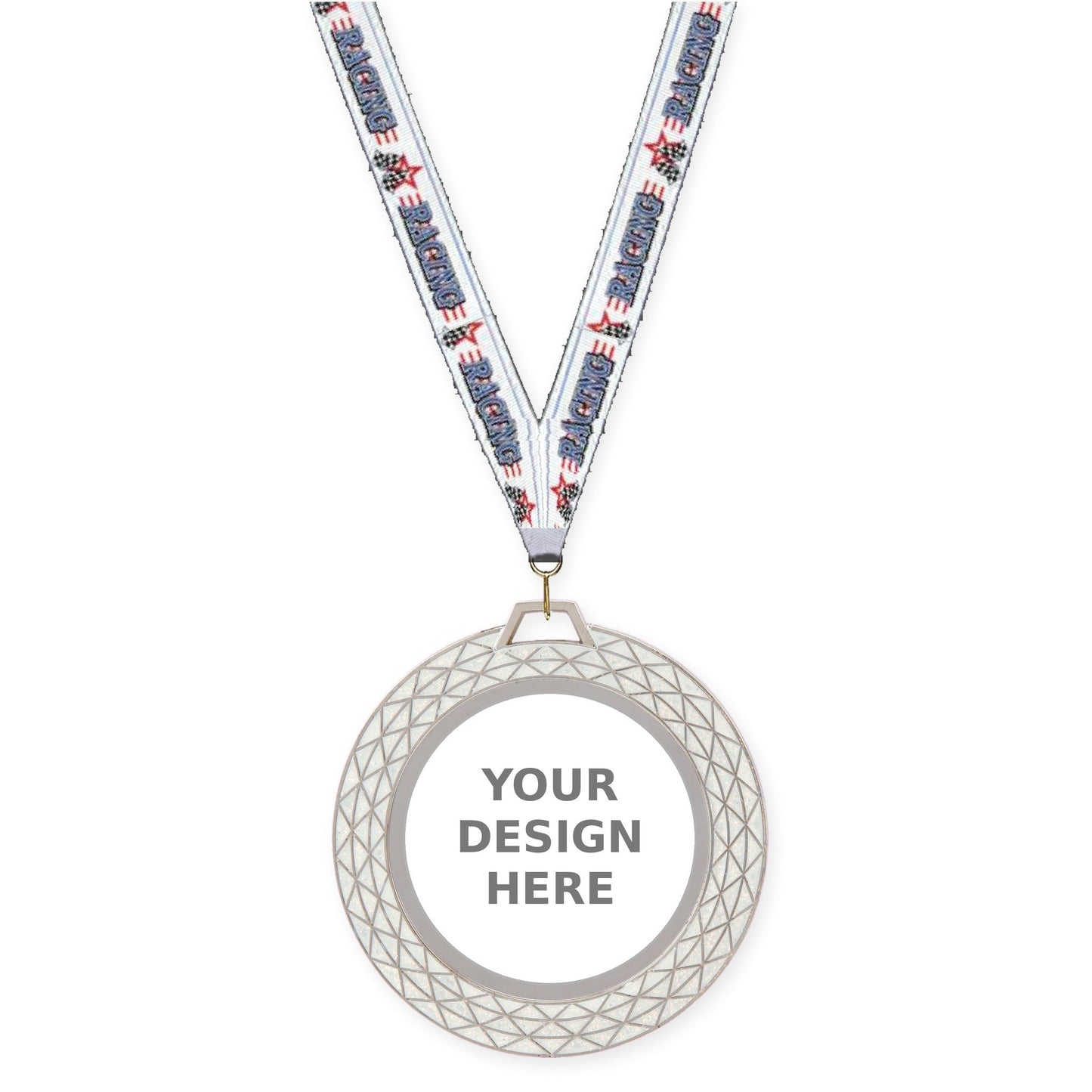 2 3/4 inch Bling insert medal in white with Auto Racing neck ribbon