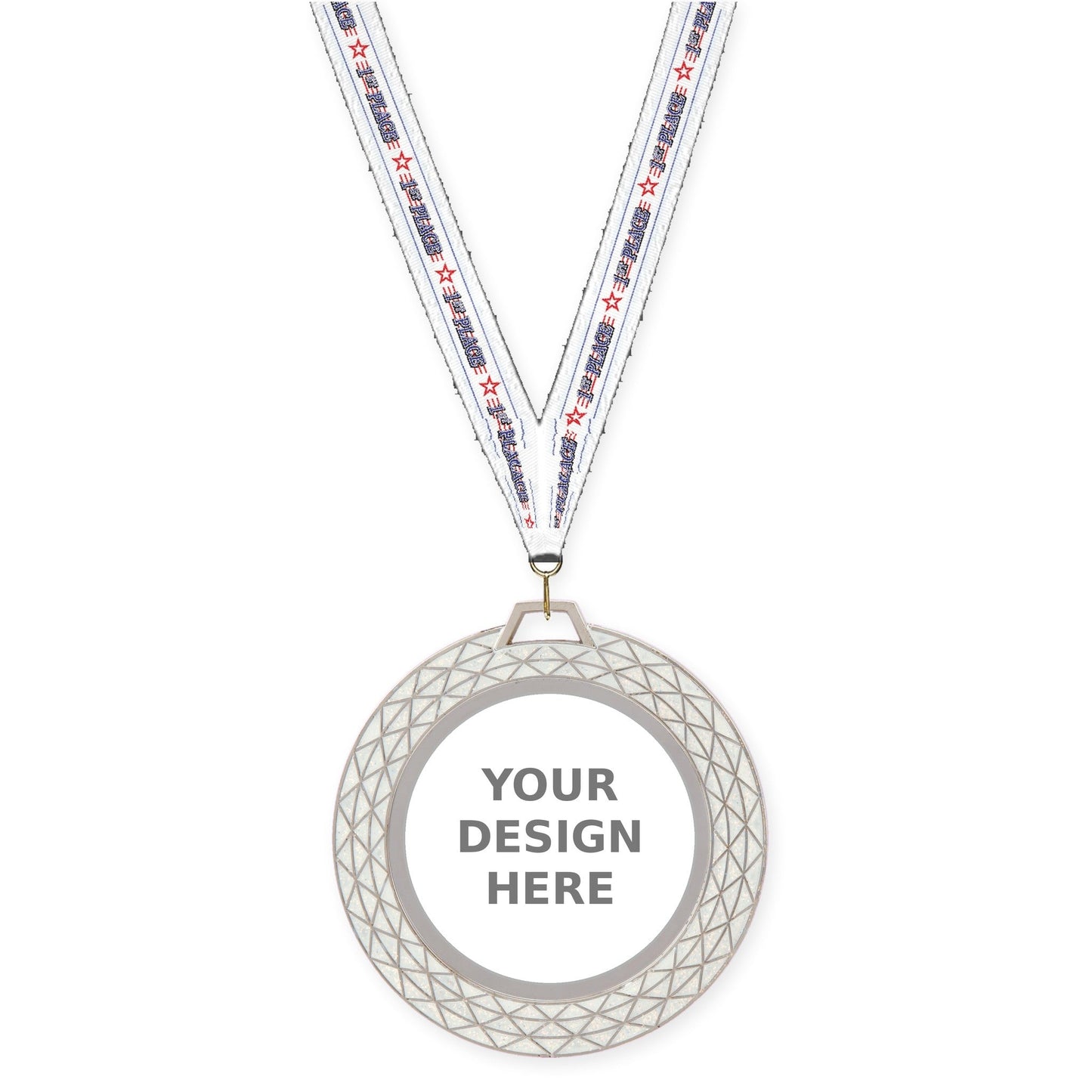 2 3/4 inch Bling insert medal in white with 1st Place neck ribbon