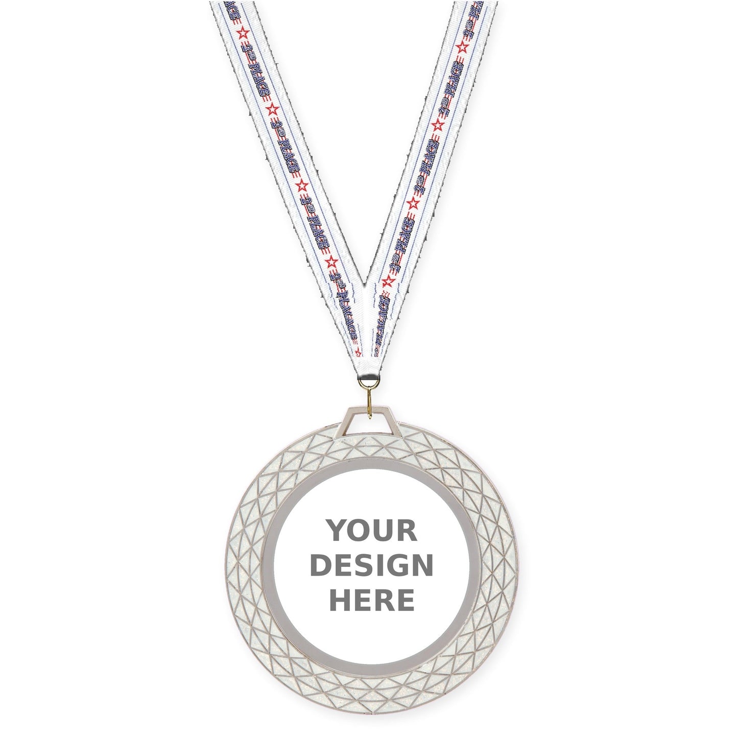 2 3/4 inch Bling insert medal in white with 2nd Place neck ribbon