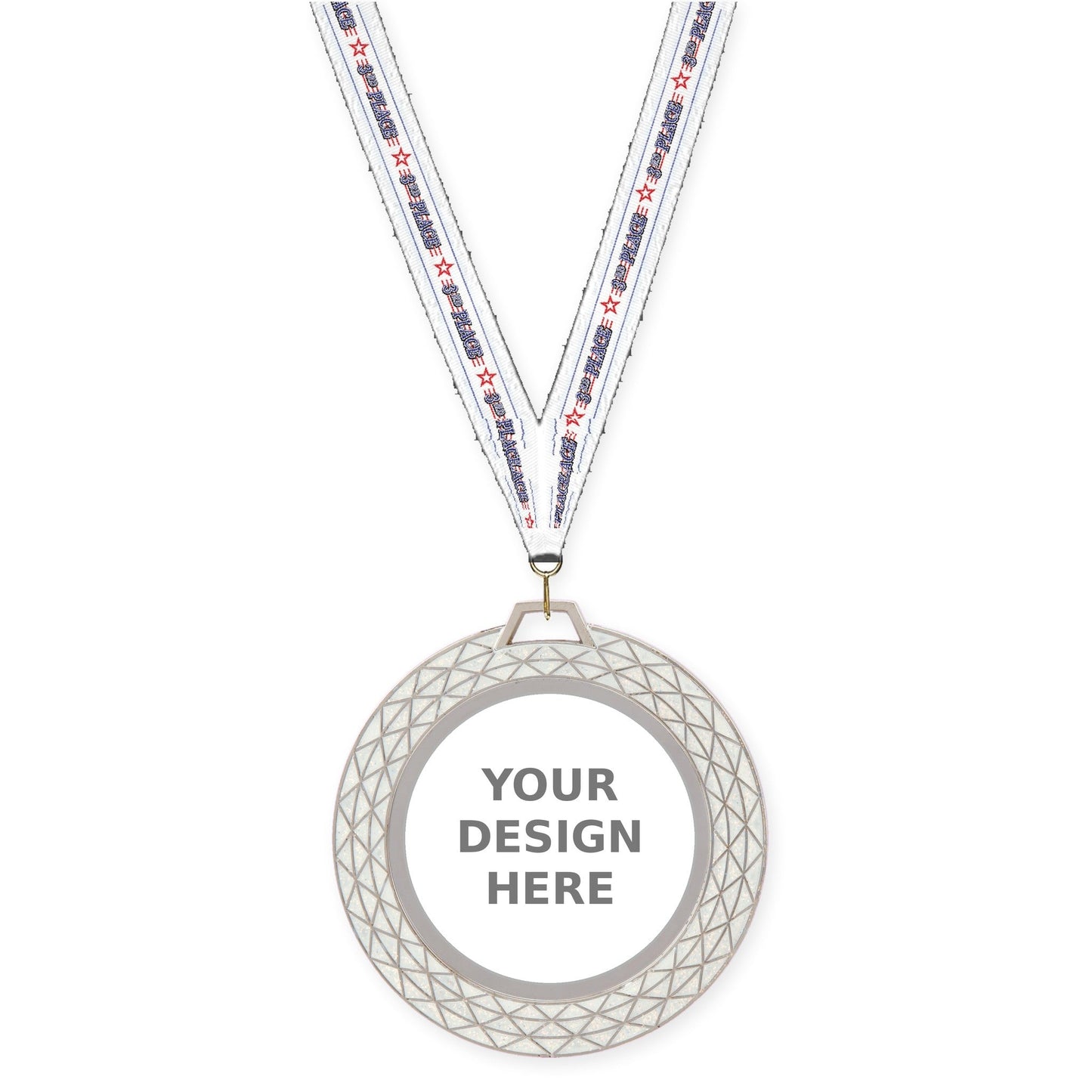2 3/4 inch Bling insert medal in white with 3rd Place neck ribbon