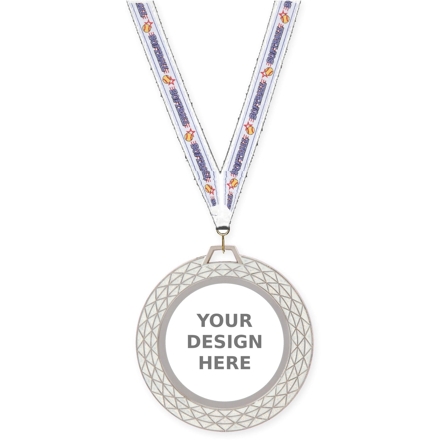 2 3/4 inch Bling insert medal in white with Softball neck ribbon