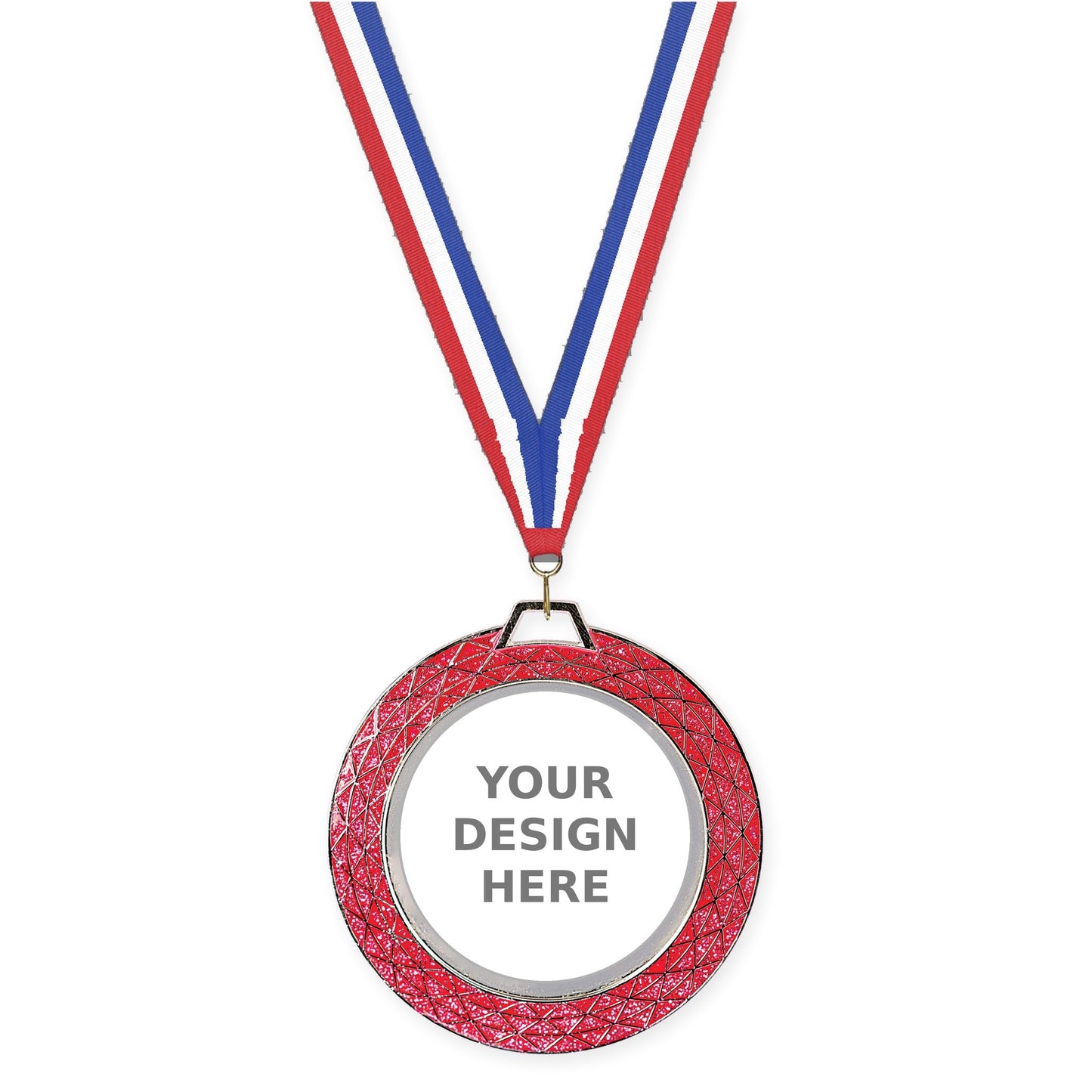 2 3/4 inch Bling insert medal in pink with Red White Blue neck ribbon