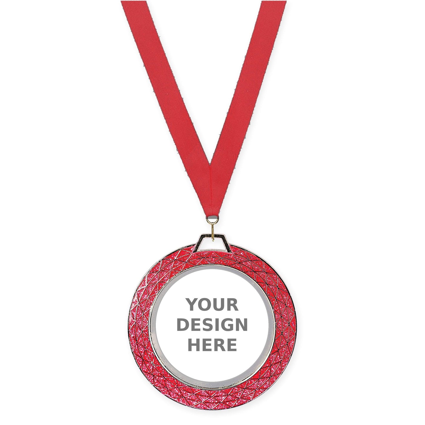 2 3/4 inch Bling insert medal in pink with Red neck ribbon