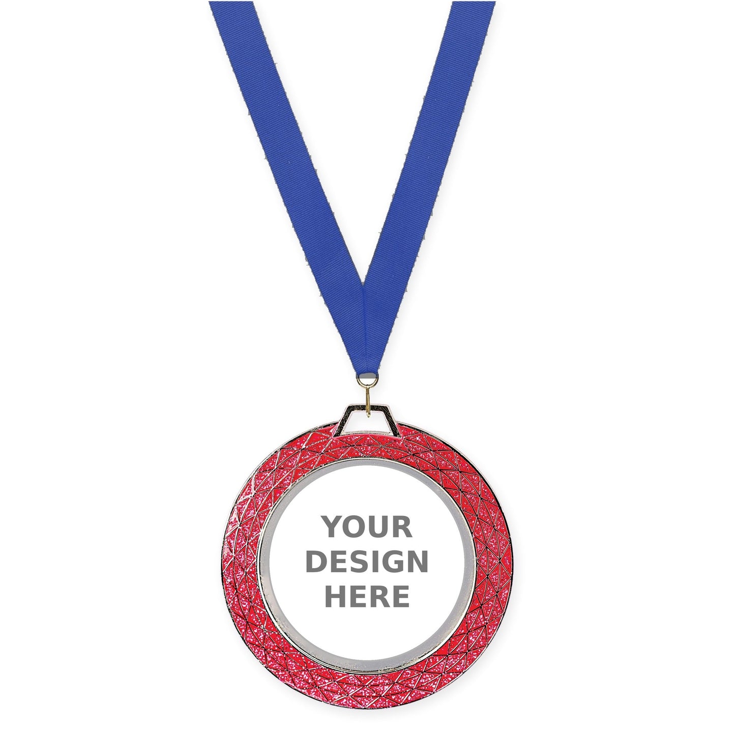 2 3/4 inch Bling insert medal in pink with Blue neck ribbon