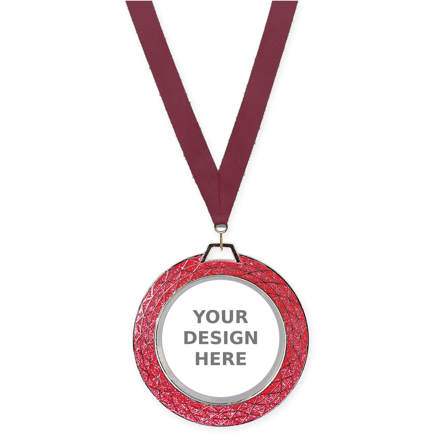 2 3/4 inch Bling insert medal in pink with Maroon neck ribbon