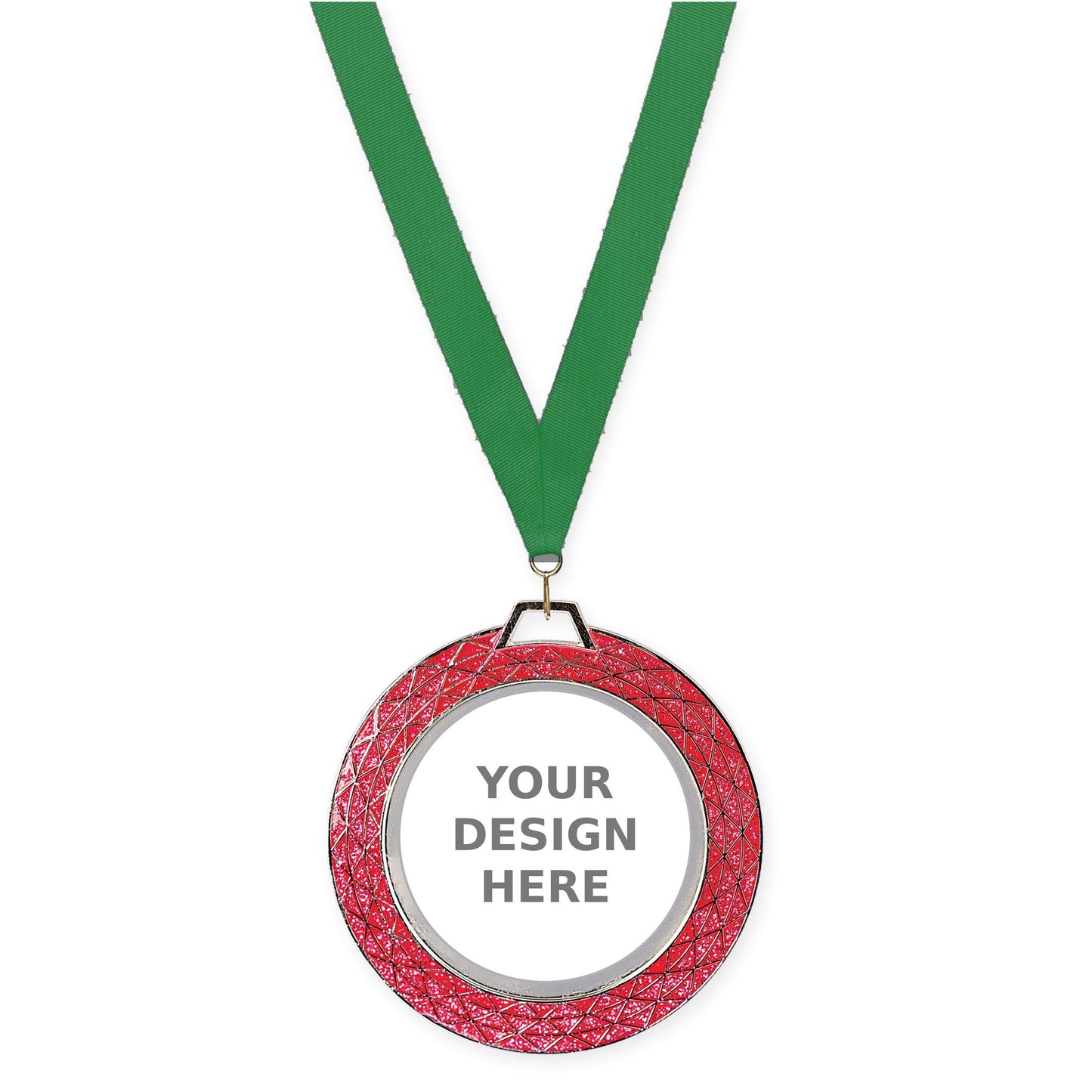 2 3/4 inch Bling insert medal in pink with Green neck ribbon