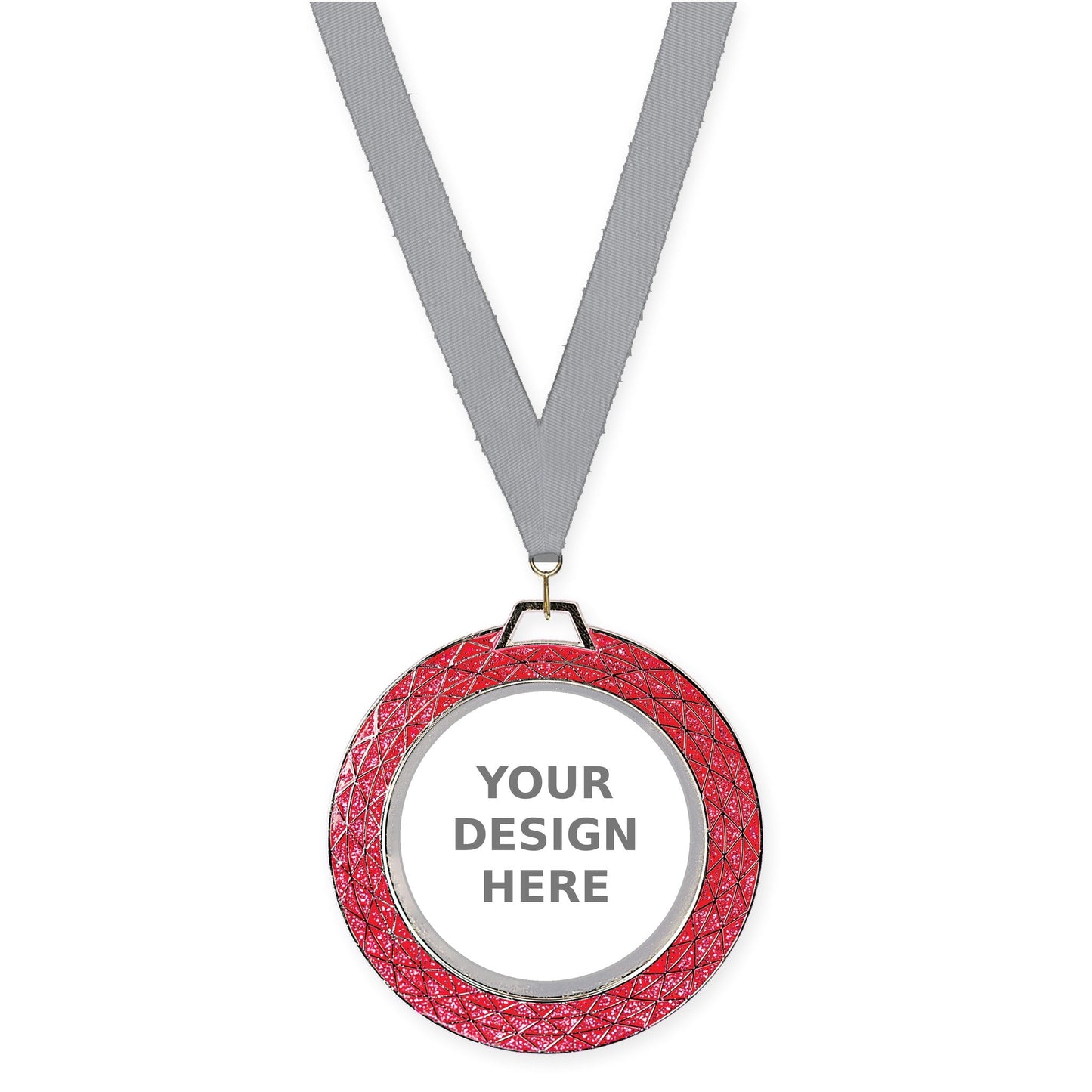 2 3/4 inch Bling insert medal in pink with Gray neck ribbon