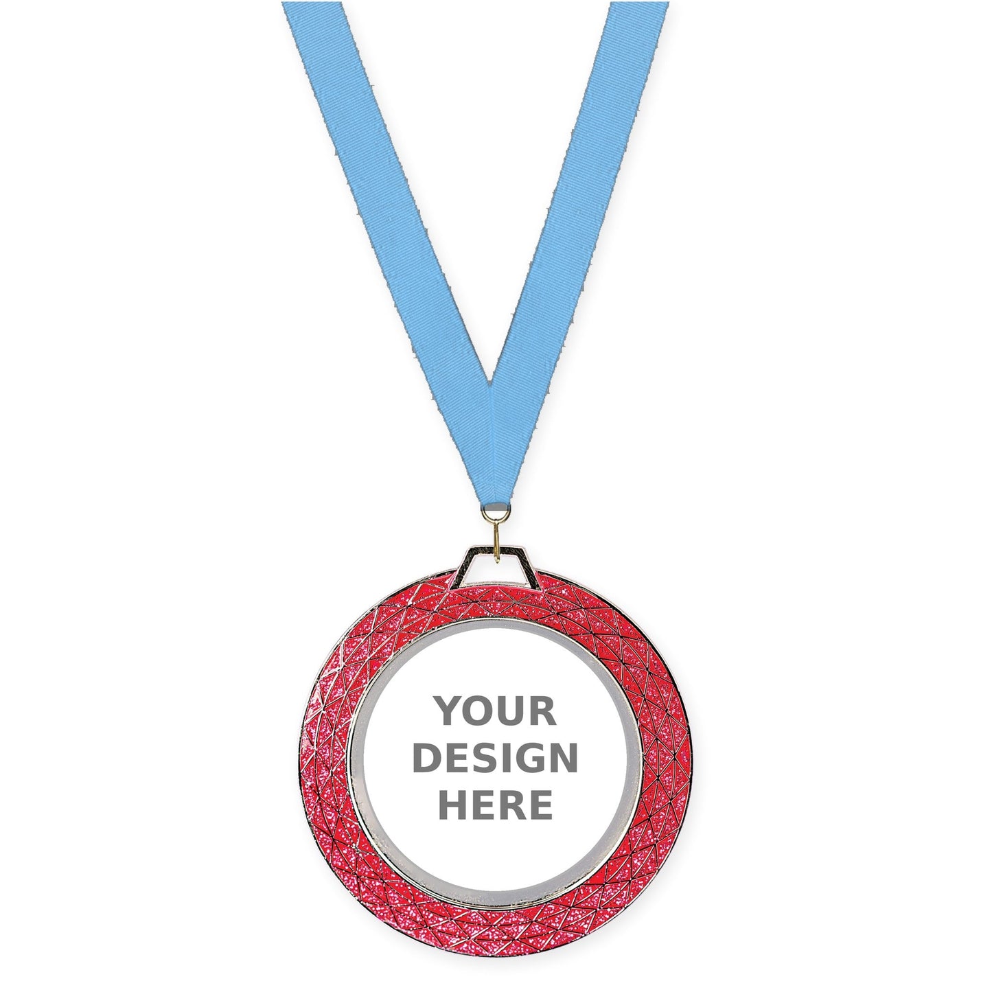 2 3/4 inch Bling insert medal in pink with Light Blue neck ribbon