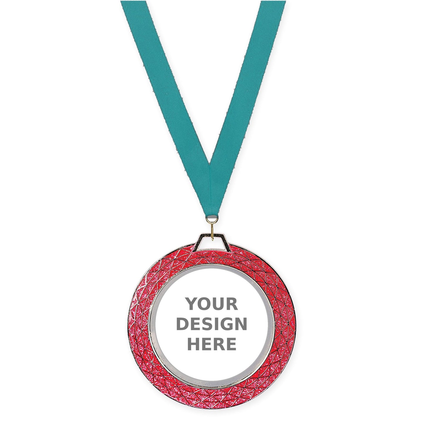 2 3/4 inch Bling insert medal in pink with Teal neck ribbon