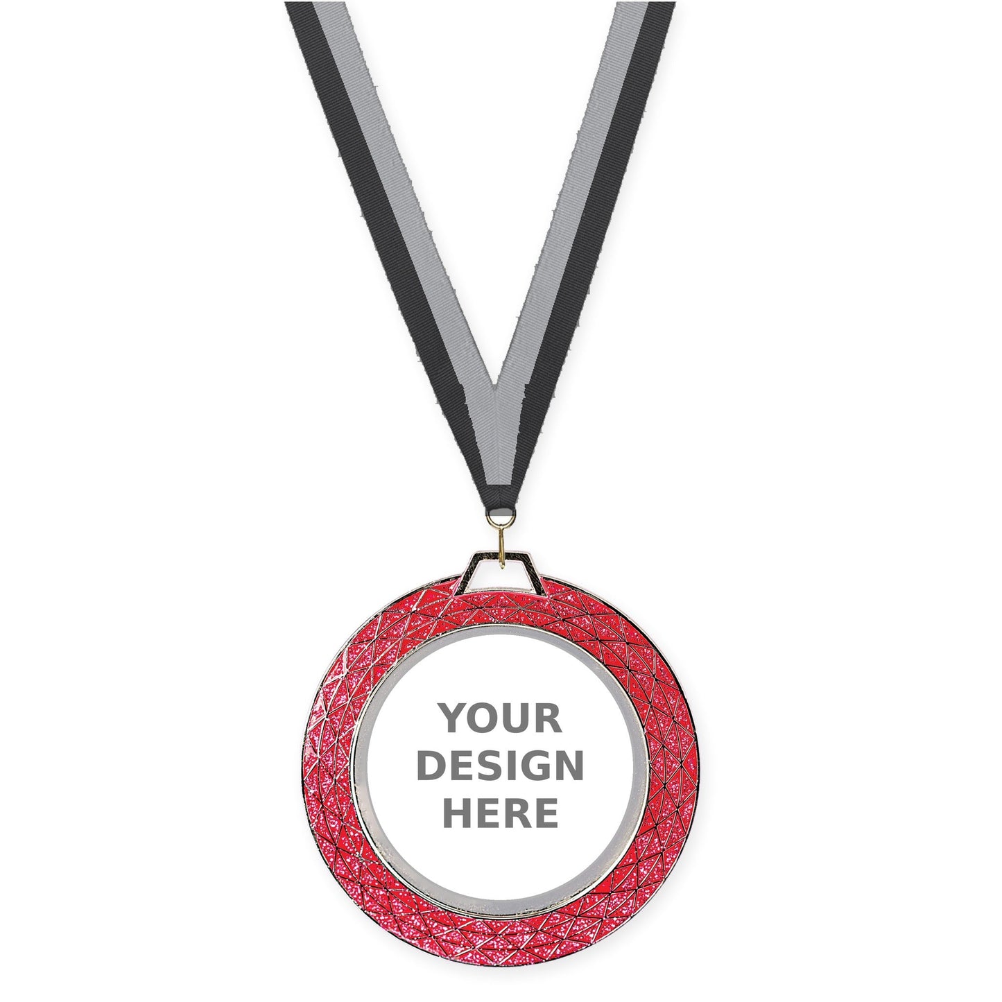 2 3/4 inch Bling insert medal in pink with Black Gray neck ribbon