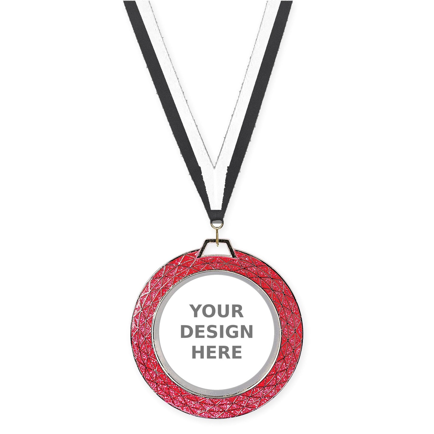 2 3/4 inch Bling insert medal in pink with Black White neck ribbon