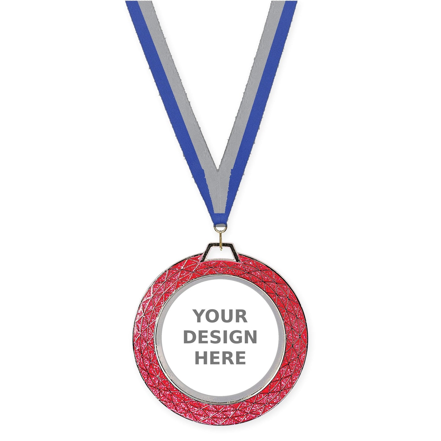2 3/4 inch Bling insert medal in pink with Blue Gray neck ribbon