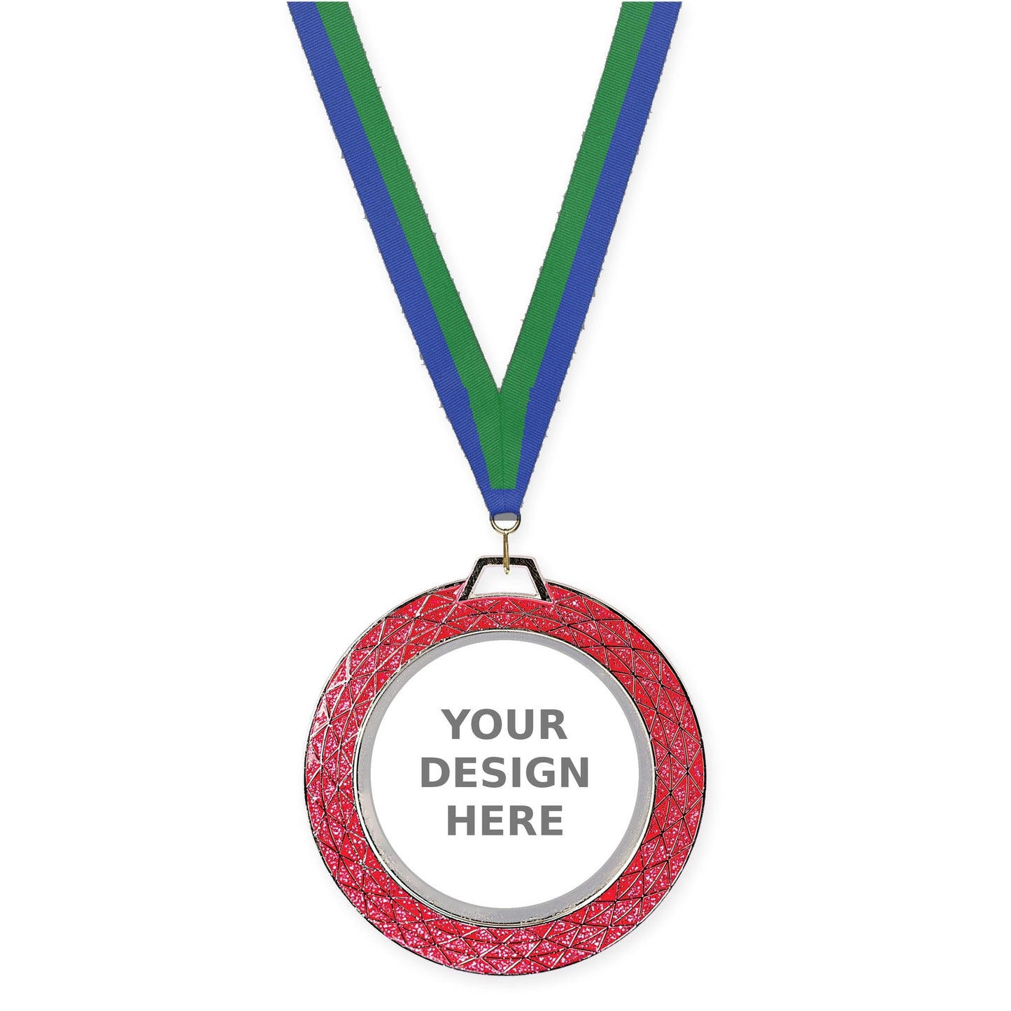 2 3/4 inch Bling insert medal in pink with Blue Green neck ribbon