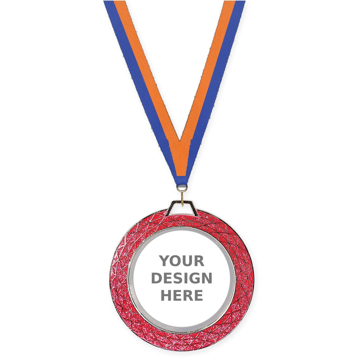2 3/4 inch Bling insert medal in pink with Blue Orange neck ribbon
