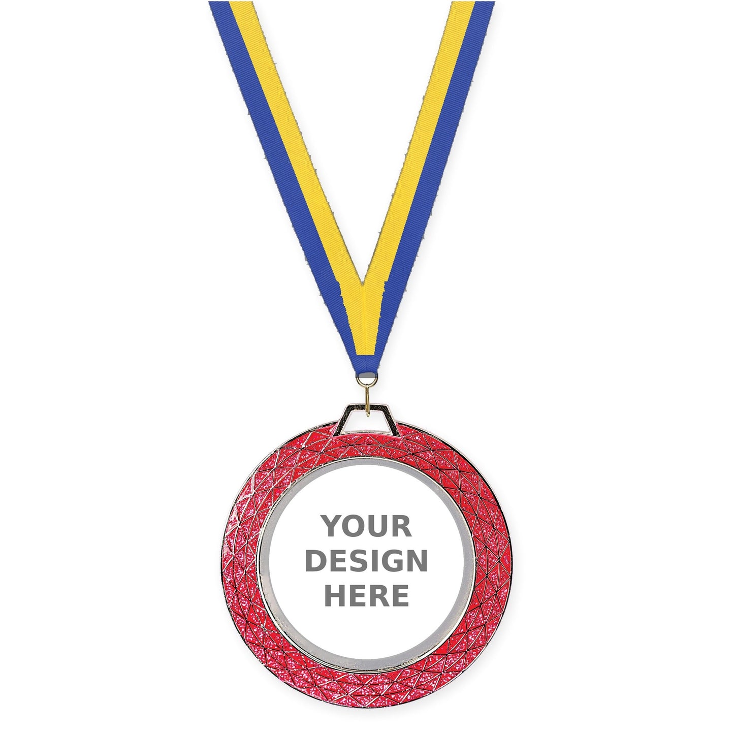 2 3/4 inch Bling insert medal in pink with Blue Yellow neck ribbon