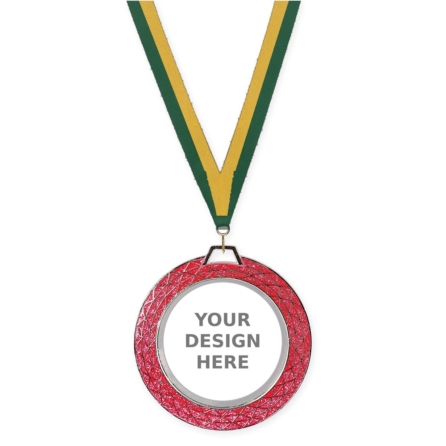 2 3/4 inch Bling insert medal in pink with Hunter Green Gold neck ribbon