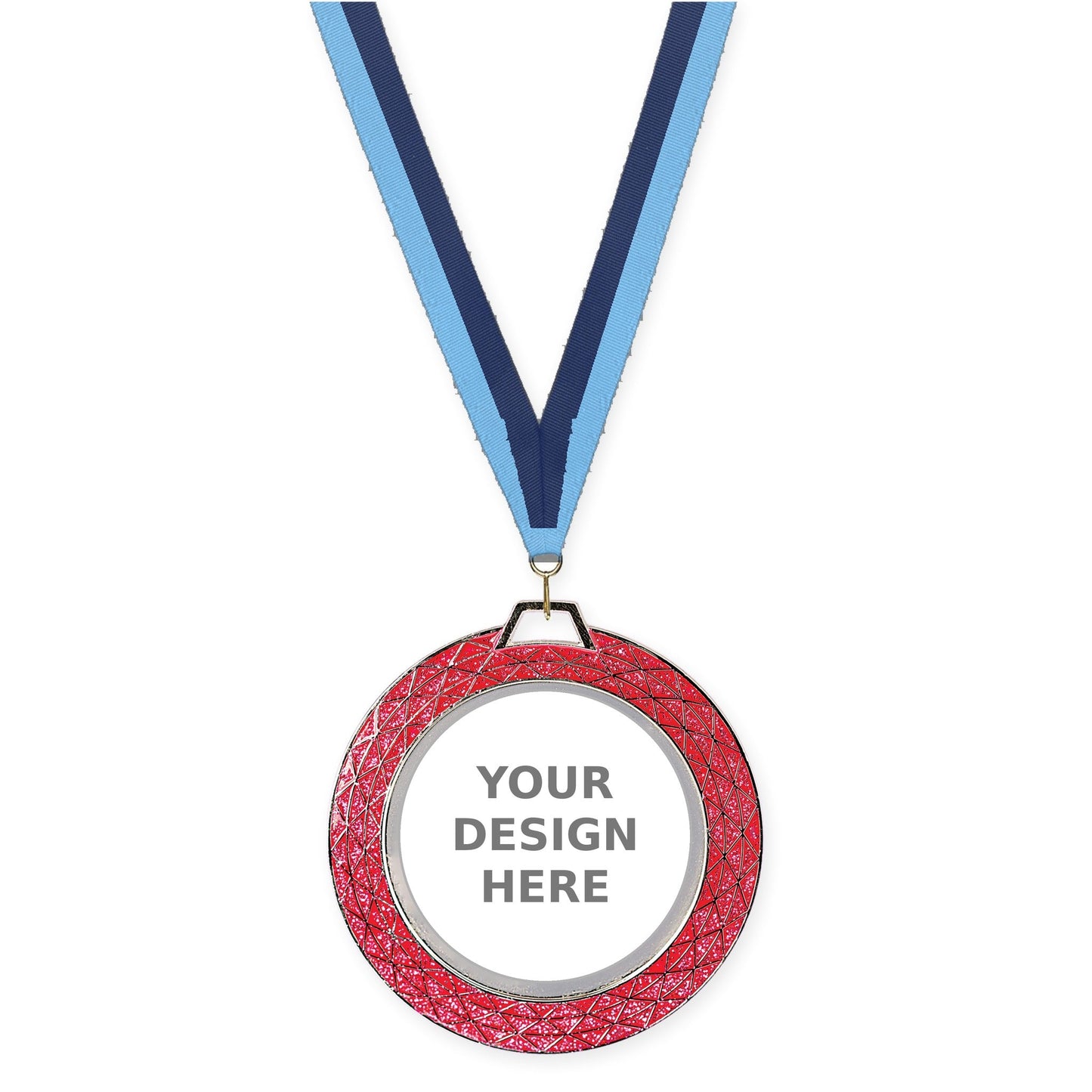 2 3/4 inch Bling insert medal in pink with Light Blue Navy neck ribbon