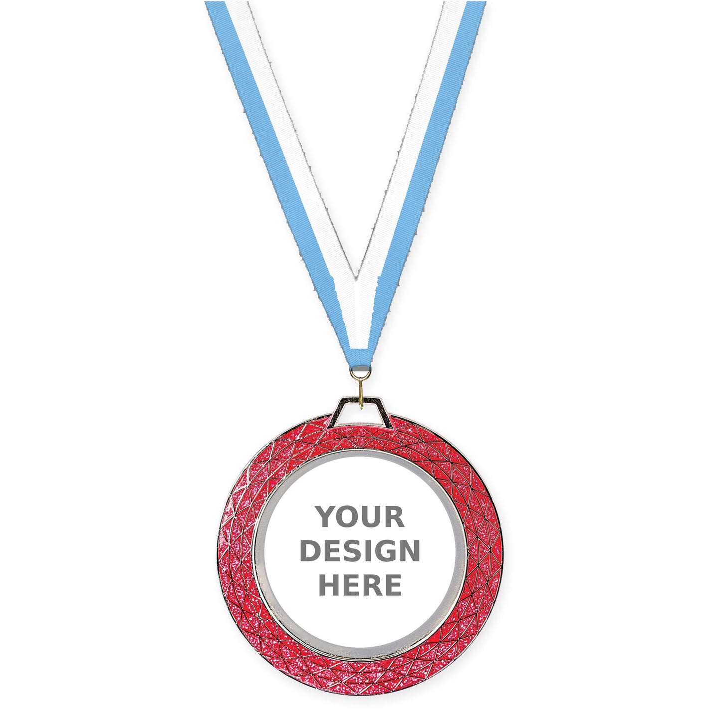 2 3/4 inch Bling insert medal in pink with Light Blue White neck ribbon